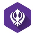 White Sikhism religion Khanda symbol icon isolated with long shadow. Khanda Sikh symbol. Purple hexagon button