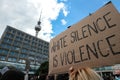 White silence is violence sign at Berlin silent demo following the death of George Floyd by police violence