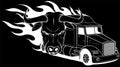 white silhouette of american truck with bull and flames on black background vector illustration design Royalty Free Stock Photo