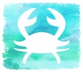 Beach Art White Silhouette Crab on Blue Watercolor Background Poster Royalty Free Stock Photo