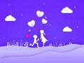 White Silhouette of Cute Boy Proposing Girl and Origami Heart Shaped Balloons and Clouds on Purple Paper Wavy Background