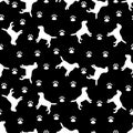 White silhouette of a dog on a black background. Vector illustration. Seamless pattern. Royalty Free Stock Photo