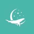 White silhouette of graceful whale and stars. Fairy tale symbol