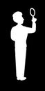 White silhouette isolated young business man detective seeker with magnifying glass in black background. Seach answer, riddles,