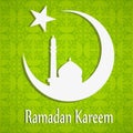 White silhouette of Mosque or Masjid on moon with stars on abstract green floral background, concept for Muslim community