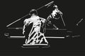 White silhouette of pianist and bass player on black background.