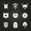 White silhouette viking knight helmets and shields icons