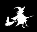 White silhouette of witch flying on broom with cat isolated on black background. Royalty Free Stock Photo
