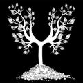 White silhouette of young tree with roots in pile of soil isolated on black background. Design element