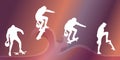 White silhouettes of skateboarders on a gradient background, riding and flying on skateboards. Illustration