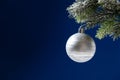 White silver ball on a snow-covered branch of a Christmas tree on a blue background, space for text Royalty Free Stock Photo