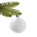 White silver Christmas ball, hanging from a pine tree branch Royalty Free Stock Photo