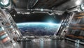 White and silver futuristic spaceship interior with window view on planet Earth 3d rendering