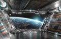 White and silver futuristic spaceship interior with window view on planet Earth 3d rendering