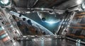 White and silver futuristic spaceship interior with window view on planets 3d rendering