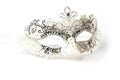 White and Silver Ornate Masquerade Mask on White Background Royalty Free Stock Photo