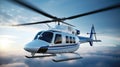 A White And Silver Private Helicopter Flying In A Blue Sky. Generative AI Royalty Free Stock Photo