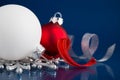 White, silver and red christmas ornaments on dark blue background Royalty Free Stock Photo