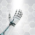White and silver robotic arm and open hand reaching up on a bright background with glowing hexagonal grid patterns. Generative AI Royalty Free Stock Photo