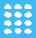 White simple clouds. Thinking bubbles, cloud message shapes. Cumulus isolated on blue background. Cartoon vector set