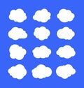 White simple clouds. Thinking bubbles or tags, cloud message abstract shapes. Cumulus isolated on blue sky. Cartoon