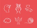 White simple flat linear icon set of icons of psychology. Vector illustration isolated on background. Royalty Free Stock Photo