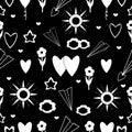 White simple hand drawn love objects pattern on black . Vector illustration.