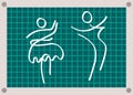 White simple smooth curve silhouette of classic dancing couple, green checkered frame marked fields