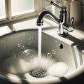 A white sink with black faucet. Water is running from the faucet and there are bubbles and foam in the sink. Royalty Free Stock Photo