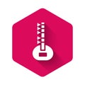 White Sitar classical music instrument icon isolated with long shadow. Pink hexagon button. Vector