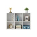 White Six Cube Shelf Unit Displaying Books Trophy Picture Frame Alarm Clock and Storage Boxes Royalty Free Stock Photo