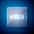 White Skateboard trick icon isolated on blue background. Extreme sport. Sport equipment. Square glass panels. Vector