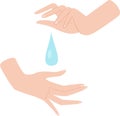 White skin hands and blue water drop. Care of water concept.