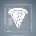 White Slice of pizza icon isolated on grey background. Fast food menu. Square glass panels. Vector Illustration