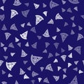 White Slice of pizza icon isolated seamless pattern on blue background. Fast food menu. Vector