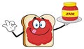 White Sliced Bread Cartoon Mascot Character With Jam Holding A Jar Of Jam