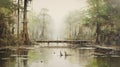 Vintage Oil Painting Of A Swamp Bridge In The Style Of Peter Holme Iii