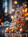 White small beautiful Christmas tree with gold decorations, blurred lights on the background. Royalty Free Stock Photo