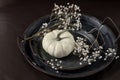 White small pumpkin with dried flowers on dark retro metallic plate or tray on brown leather couch. Holiday autumn composition in Royalty Free Stock Photo