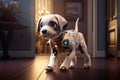 White small robot dog at home doors entrance. Cute robotic puppy. Domestic smart animal artificial intelligence