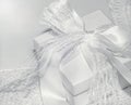 Romantic Gift Box with Bow. Monochrome. Closeup. Royalty Free Stock Photo