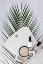 White small women`s handbag and makeup cosmetics are on the background of a green twig Royalty Free Stock Photo