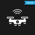 White Smart drone system icon isolated on black background. Quadrocopter with video and photo camera symbol. Vector Royalty Free Stock Photo