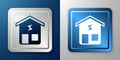 White Smart home icon isolated on blue and grey background. Remote control. Silver and blue square button. Vector Royalty Free Stock Photo