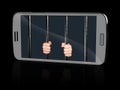 White smart phone with Hands holding Jail Bars on screen