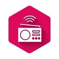 White Smart radio system icon isolated with long shadow. Internet of things concept with wireless connection. Pink