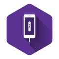 White Smartphone battery charge icon isolated with long shadow. Phone with a low battery charge and with USB connection Royalty Free Stock Photo