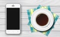 White smartphone with black blank screen and cup of coffee with checkered napkins on white wooden table vector illustration Royalty Free Stock Photo