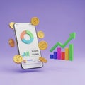 Smartphone with Financial Data Surrounded by Gold Coins and an Upward Trending Green Arrow Graph Royalty Free Stock Photo