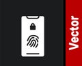 White Smartphone with fingerprint scanner icon isolated on black background. Concept of security, personal access via Royalty Free Stock Photo